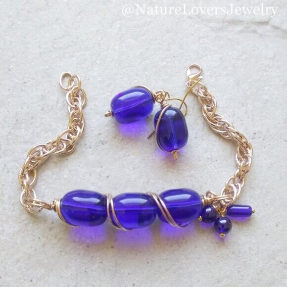 Cobalt Blue & Gold Chain Set - Chunky Bracelet & Earrings - Casual & Trendy! - Picture 1 of 10